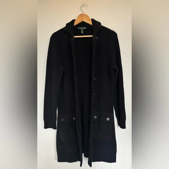 Ralph Lauren Black Knit Ribbed Button Down Shawl Collar Utility Cardigan Sweater - Picture 10 of 13